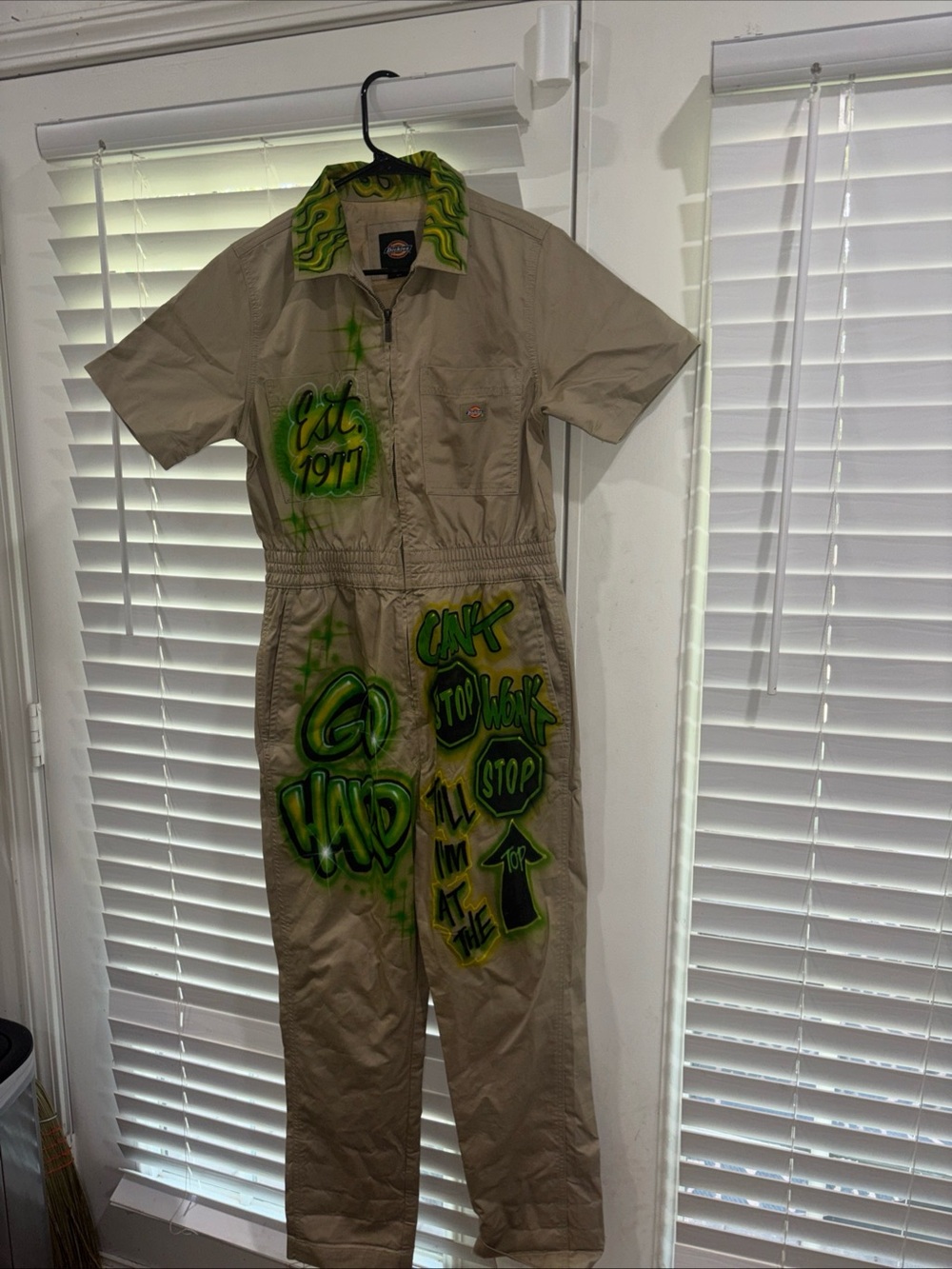 Dickies Women’s  Beige One-Piece Air Brushed Jumpsuit  with Neon Green Graffiti